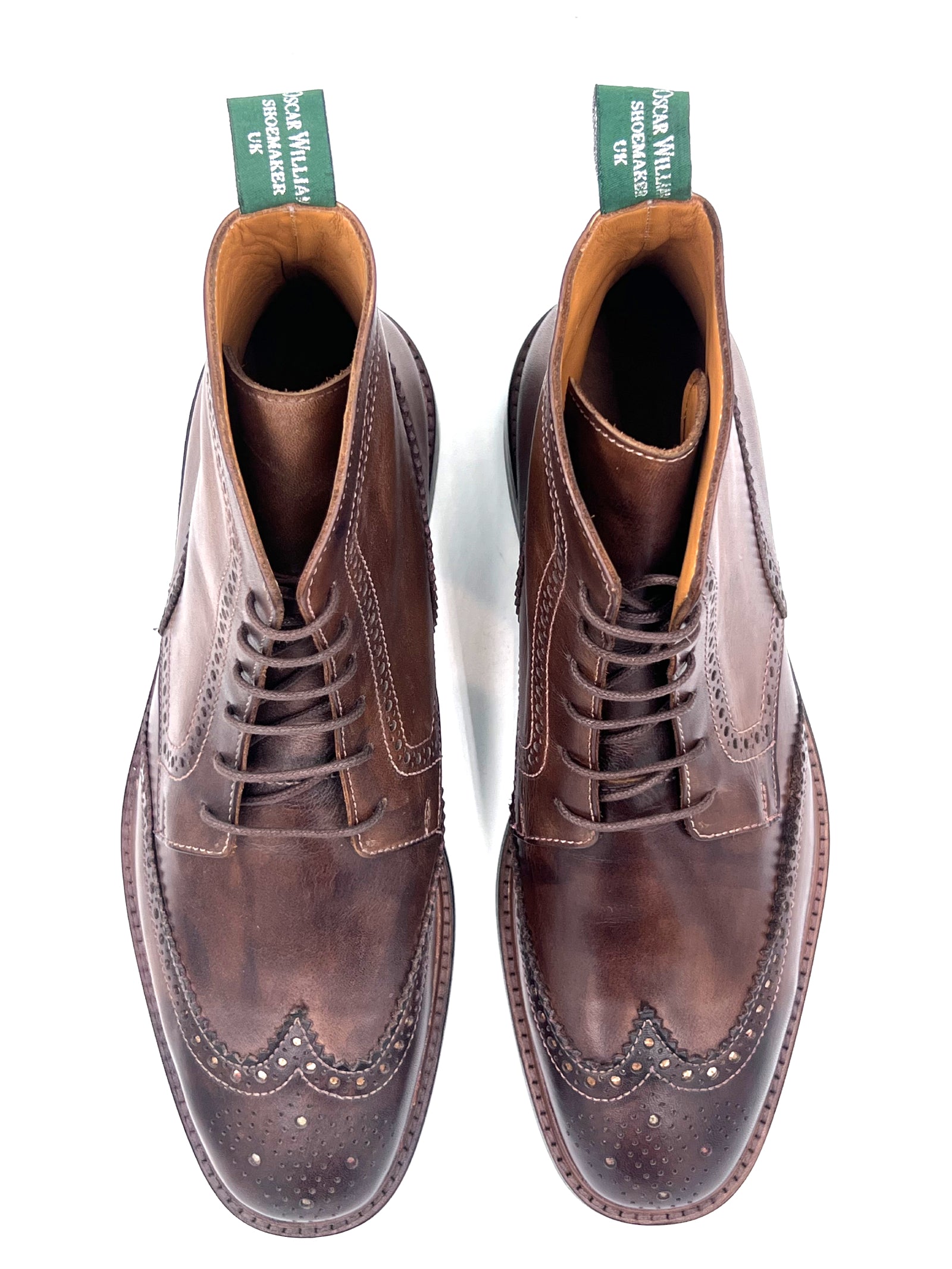 Chocolate Leather Brogue Boots | Studded Rubber Sole Boots