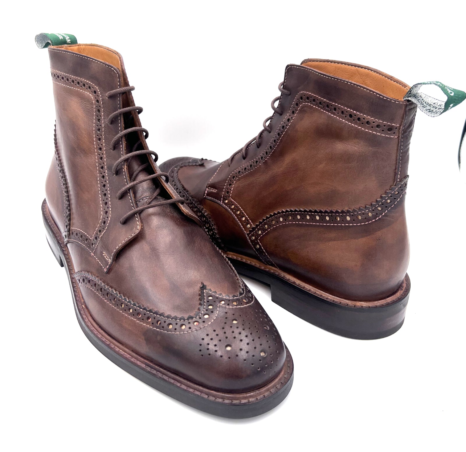 Chocolate Leather Brogue Boots | Studded Rubber Sole Boots