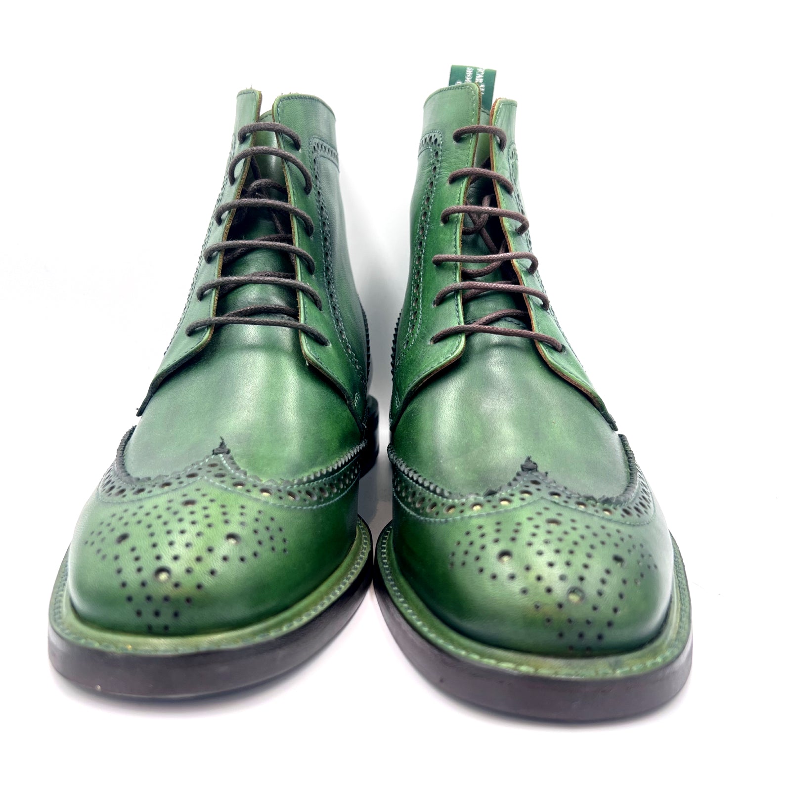 Green Patina Brogue Boots | Hand-Painted Leather Wingtip Boots