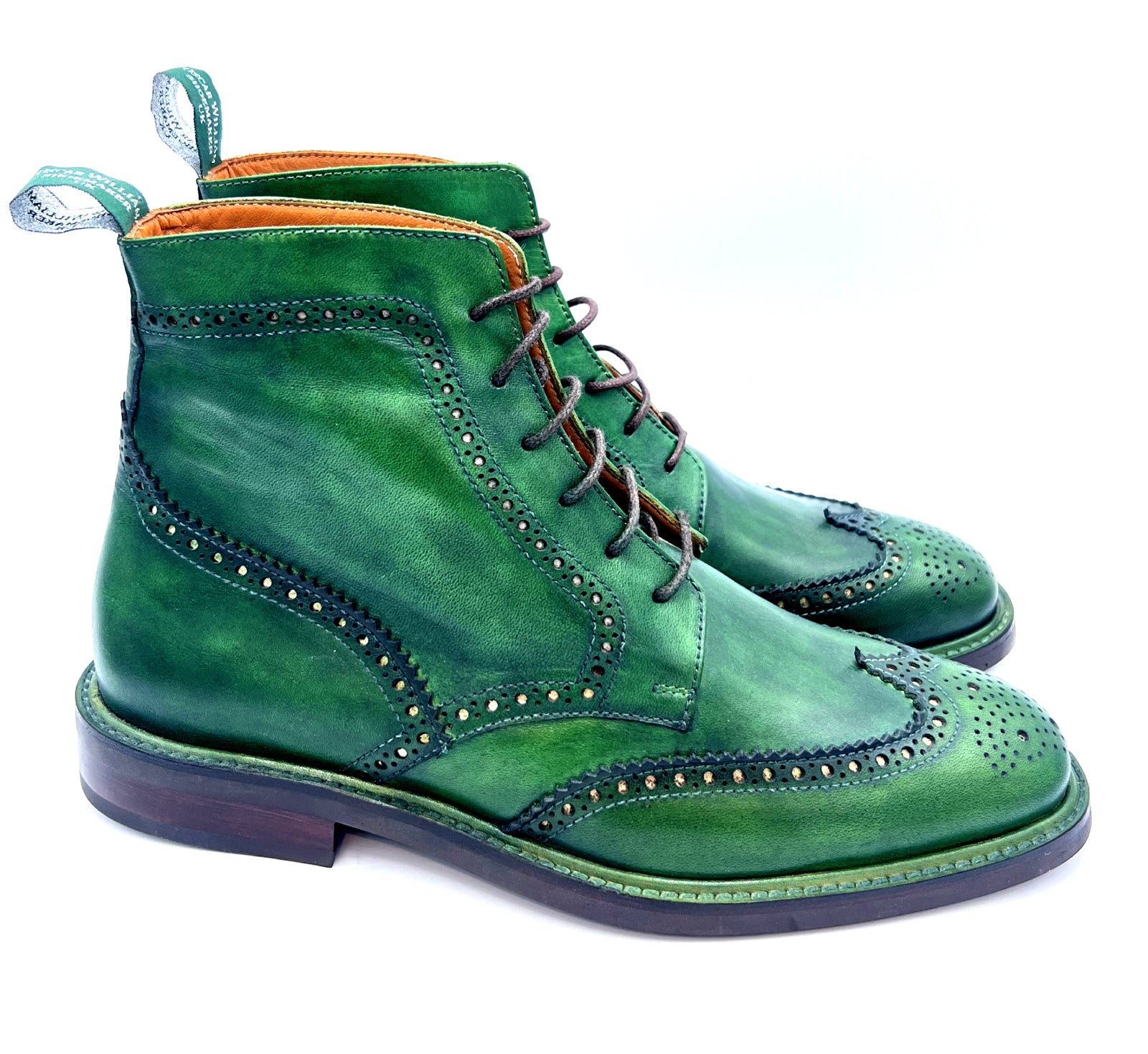 Green Patina Brogue Boots | Hand-Painted Leather Wingtip Boots