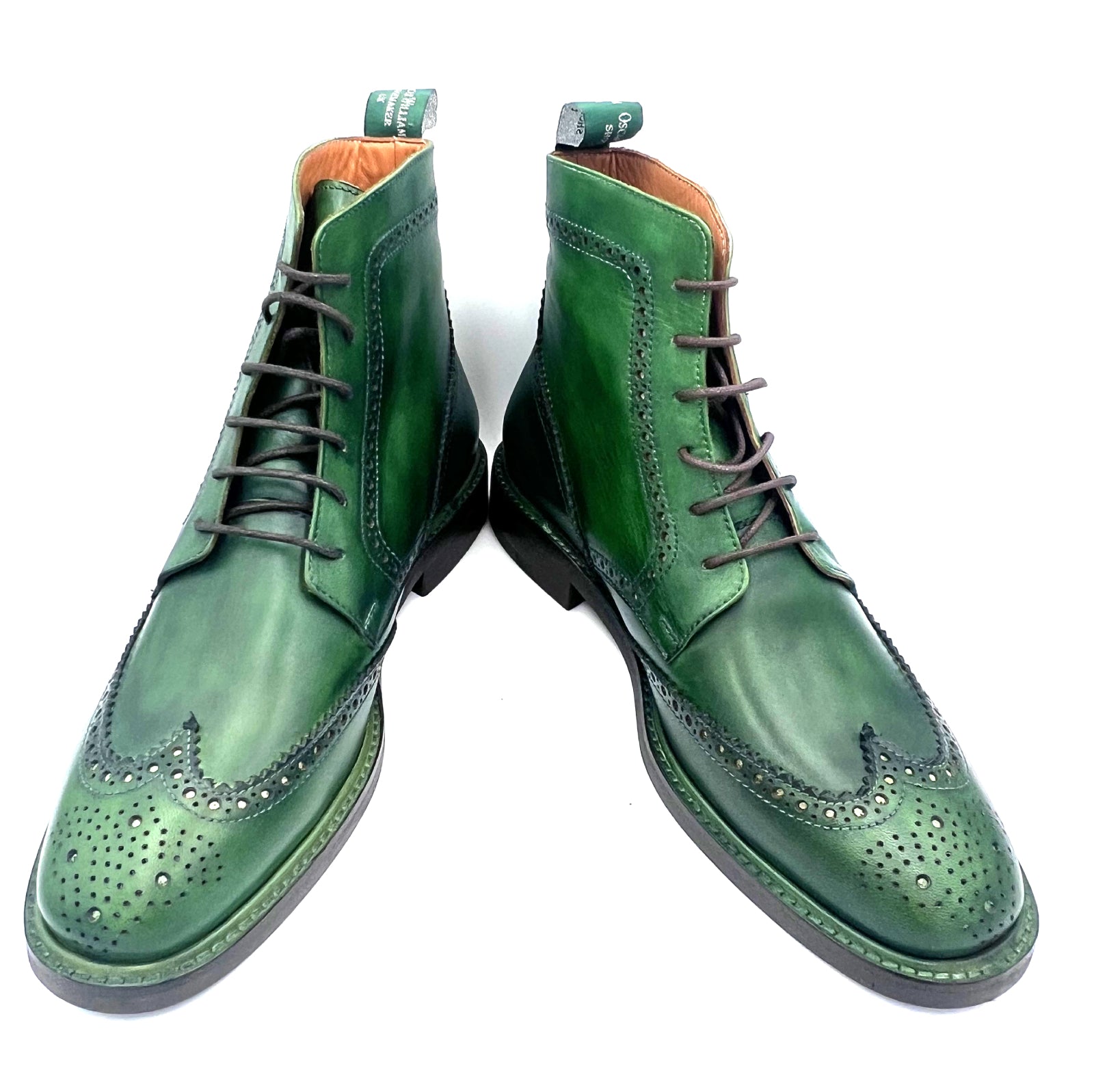 Green Patina Brogue Boots | Hand-Painted Leather Wingtip Boots