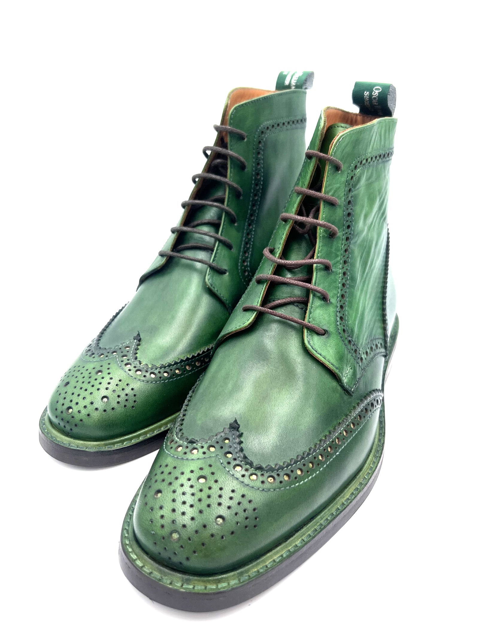 Green Patina Brogue Boots | Hand-Painted Leather Wingtip Boots
