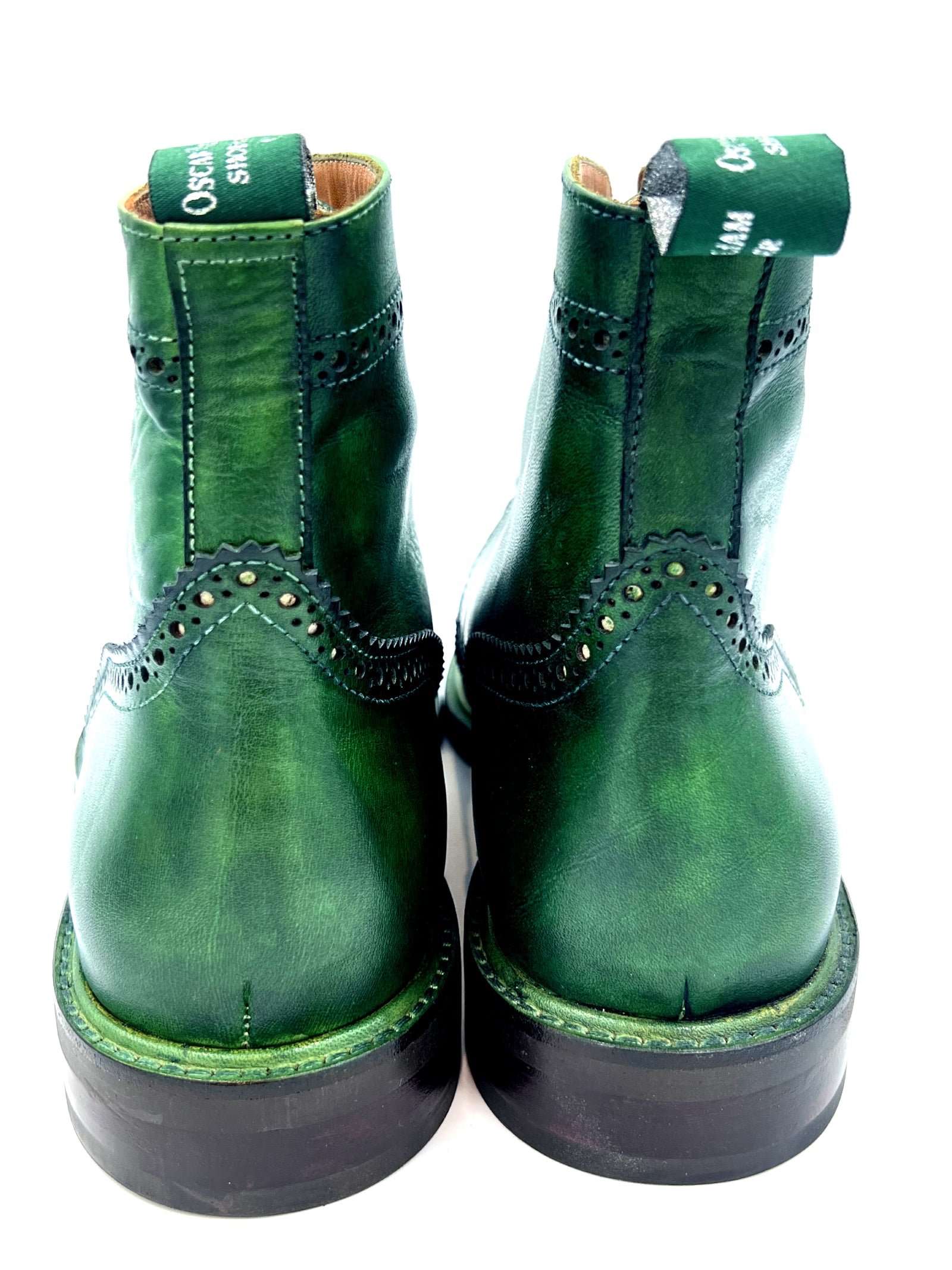 Green Patina Brogue Boots | Hand-Painted Leather Wingtip Boots