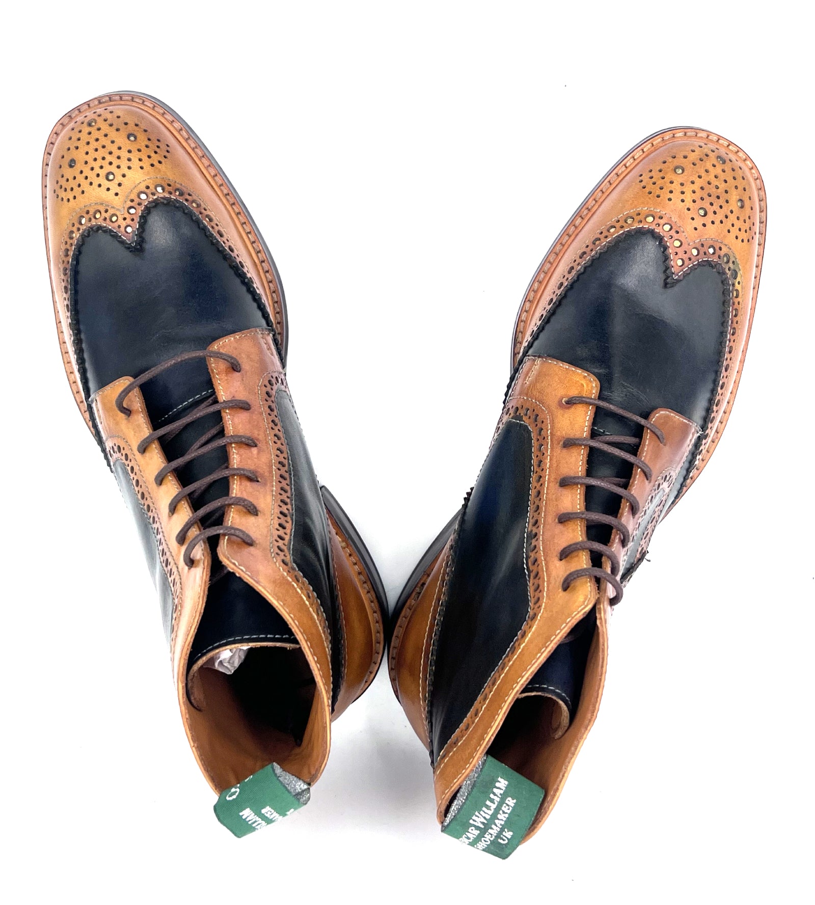 Oscar William Brogue Boots – Light Tan / Navy Blue Mix Patina